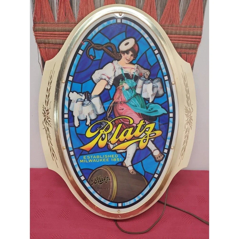 VTG 1960s Blatz Beer Sign Lighted Valerie The Barmaid Faux Stained Glass Working